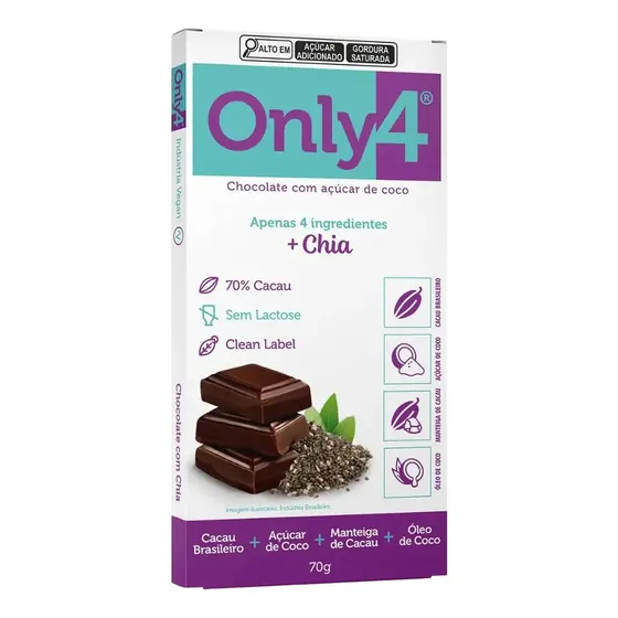 Chocolate 70% Cacau com Chia Only4 80g (Caixa com 6)