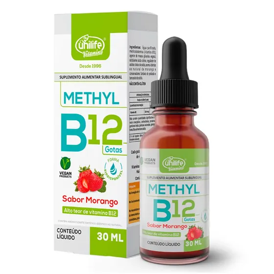 Vitamina B12 Methyl em Gotas Sabor Morango Unilife 30ml