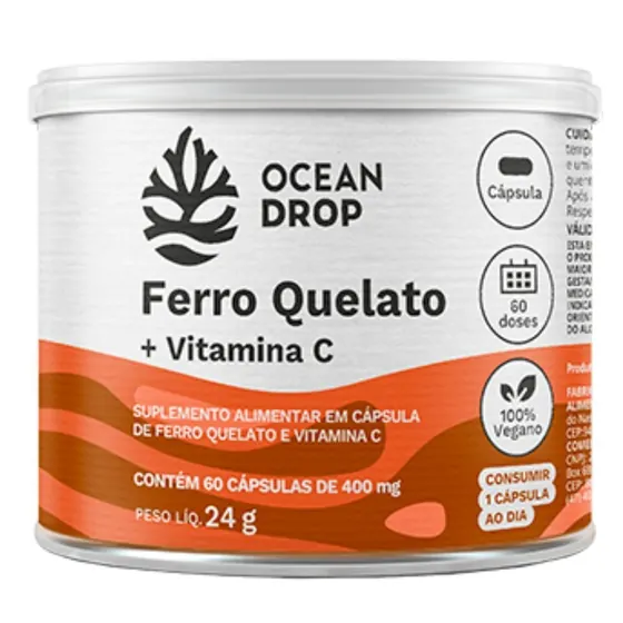 Ferro Quelato com Vitamina C Ocean Drop 60 Cápsulas