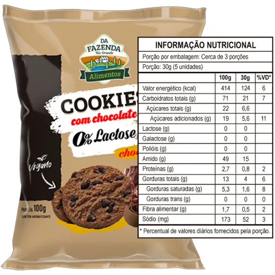 Cookies de Chocolate Zero sem Lactose Vegano 100g